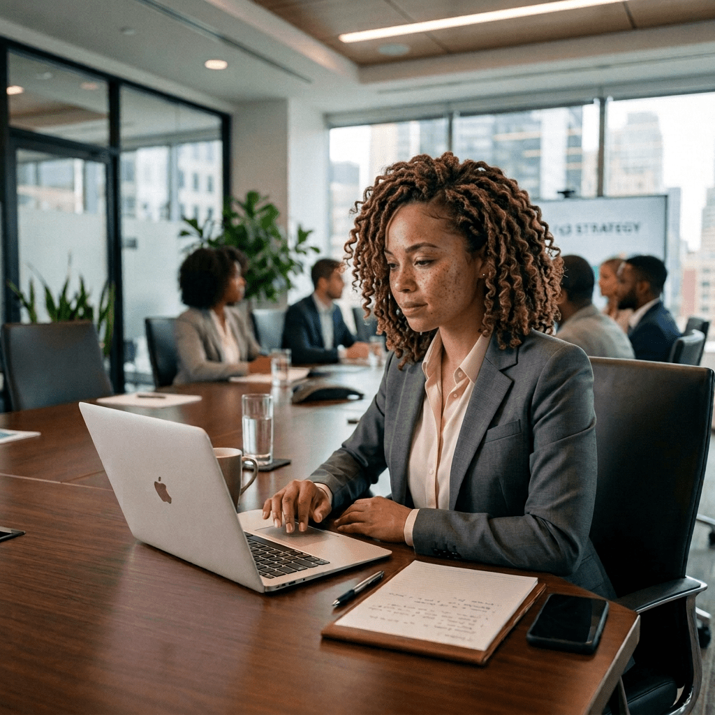 Businesswoman working on laptop at conference table during office meeting