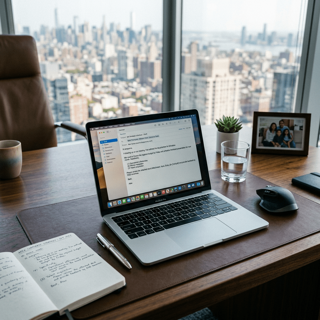 Add MacBook, drafted emails, executive corporate elements